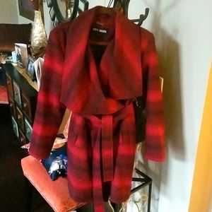 Steven Madden - Red & Black Plaid-  Drape front- Belted Coat - Size Large